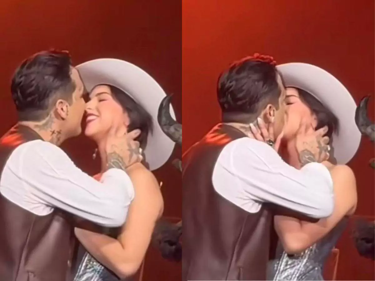 Christian Nodal y Ángela Aguilar se besan en concierto